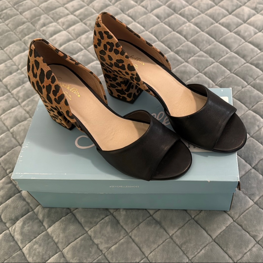 Seychelles Black and Brown Heels with Classic Silhouette Shabby Chic Leopard